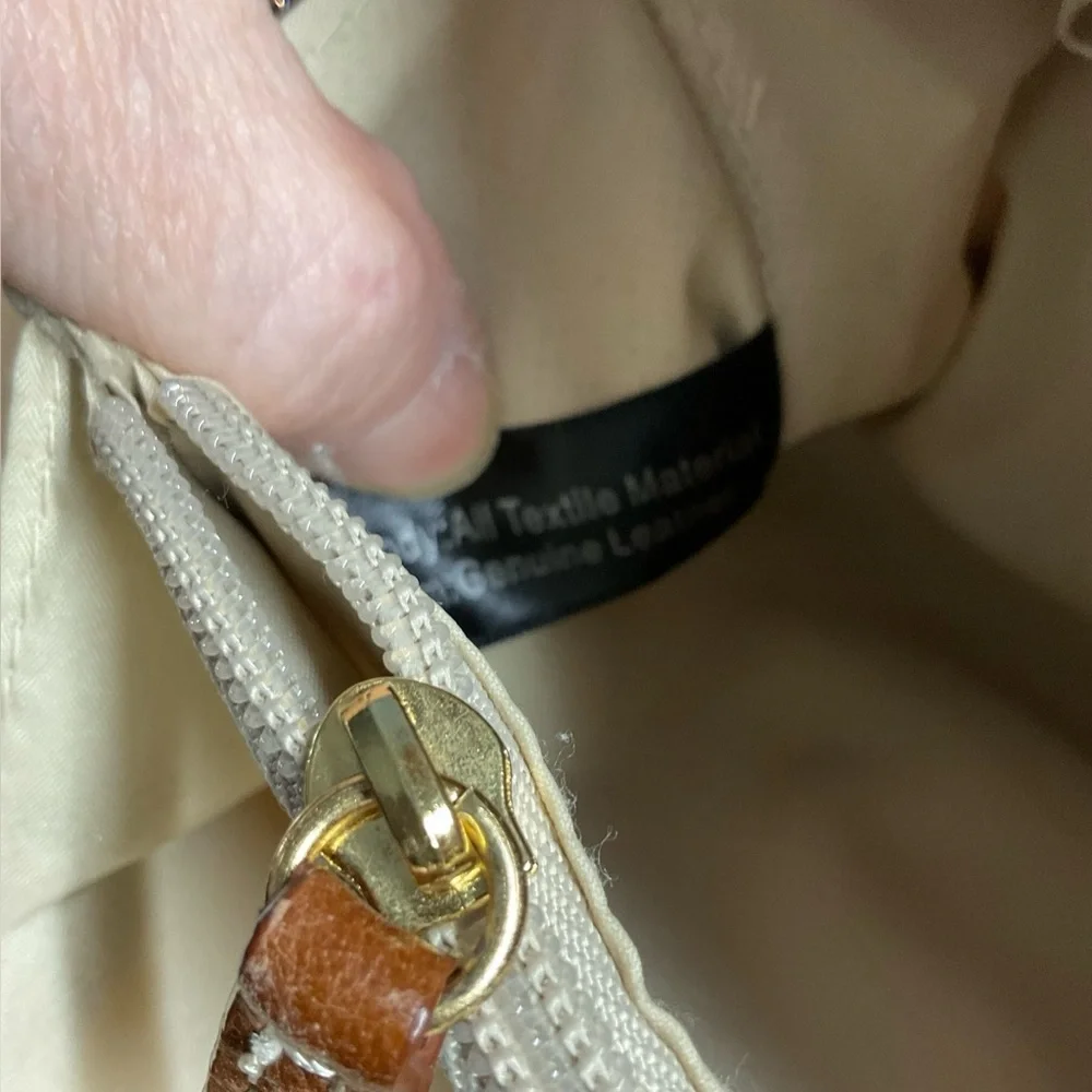 Giani Bernini Off-White Straw Top Handle Brown Leather Accent Satchel Purse Bag